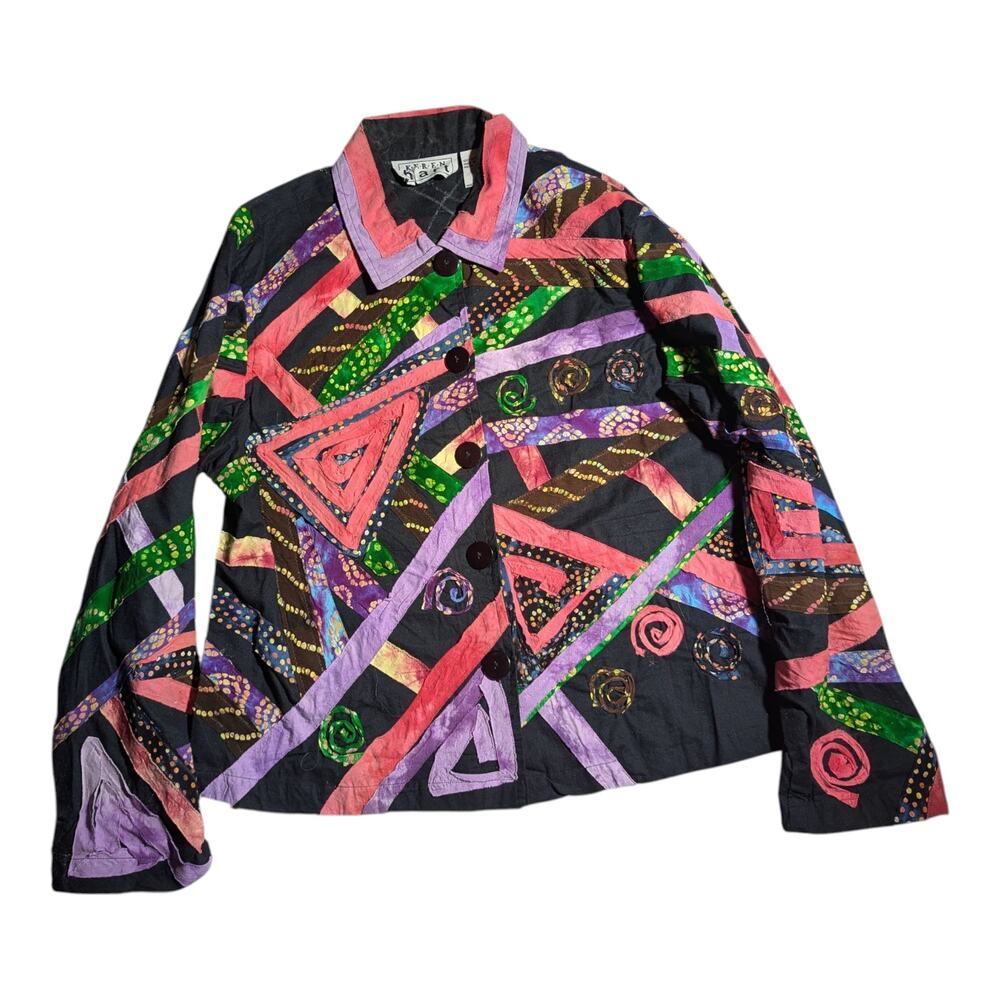Vtg 1990s Keren Hart Black Colorful Geometric Applique Cotton Button Up Shirt XL